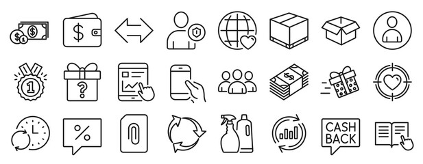 Fototapeta na wymiar Set of line icons, such as Valentine target, Sync, Attachment icons. Shampoo and spray, Hold smartphone, Discount message signs. Group, Delivery box, Present delivery. Security, Approved. Vector
