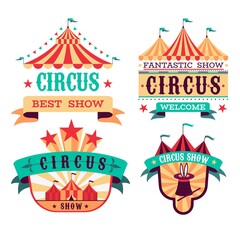 Emblems Circus show. Retro festival signboards. Carnival invitational banners. Fun event labels. Badges set with striped tents and letterings on ribbons. Vector entertaining performance © YummyBuum