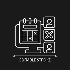 Absence calendar white linear icon for dark theme. Tracking employee leaves and days off remotely. Thin line customizable illustration. Isolated vector contour symbol for night mode. Editable stroke