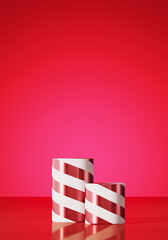 Minimal product background for Christmas and winter holiday concept. Christmas stripes podium on red background. 3d render illustration. Clipping path of each element included.