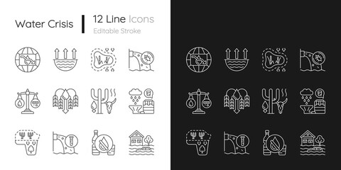 Global water crisis linear icons set for dark and light mode. Water resources contamination. Reuse, recycling. Customizable thin line symbols. Isolated vector outline illustrations. Editable stroke