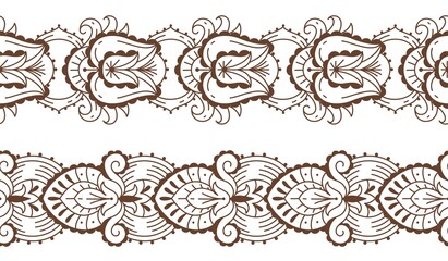 Floral laces mehndi. Henna tattoo. Oriental seamless borders with natural elements. Ethnic line ornaments. Brown color mandalas design. Vector Indian traditional body decorations set