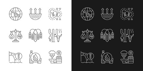 Water resources lacking linear icons set for dark and light mode. Water scarcity. Disappearing wetlands. Customizable thin line symbols. Isolated vector outline illustrations. Editable stroke