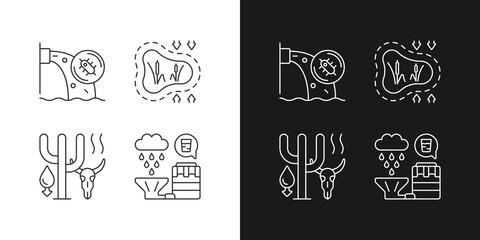 Rising water demand linear icons set for dark and light mode. Water contamination. Disappearing wetlands. Customizable thin line symbols. Isolated vector outline illustrations. Editable stroke