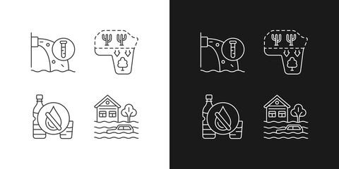 Water stress linear icons set for dark and light mode. Desert expansion. Urban runoff management. Customizable thin line symbols. Isolated vector outline illustrations. Editable stroke