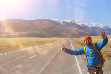 highway adventure backpack man landscape trekking, mountains view freedom