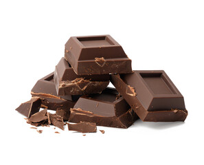 broken black chocolate with pieces isolated on white background. Dessert bar of chocolate