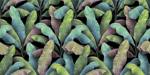 Fototapety  Tropikalny wzór drzew bananowych, pastelowy niebieski zielony kolor liści. Ręcznie rysowane vintage ilustracji 3d. Efektowny egzotyczny projekt streszczenie tło. Dobre dla luksusowych tapet, tkanin, nadruków na tkaninach
