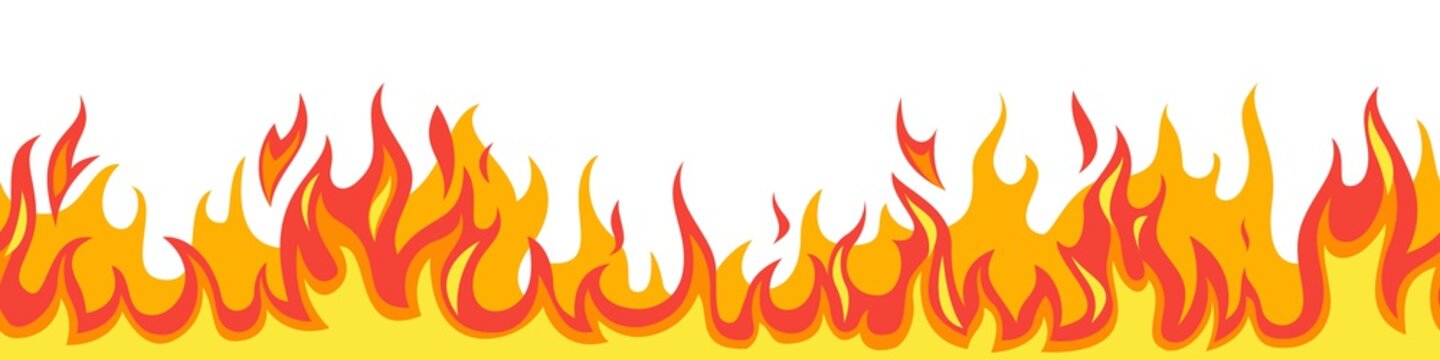 Seamless fire flame. Flaming pattern. Flammable horizontal line. Red and yellow blaze. Decorative burning mockup. Cartoon fiery tattoo template. Hot temperature. Vector illustration