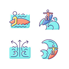Riding wave using board RGB color icons set. Entering water. Floater technique. Rip currents. Big wave. Isolated vector illustrations. Surfing for first time simple filled line drawings collection