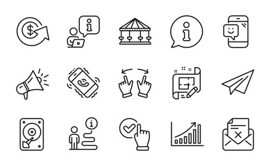 Technology icons set. Included icon as Paper plane, Smile, Hdd signs. Call center, Reject letter, Graph chart symbols. Architect plan, Move gesture, Carousels. Checkbox, Megaphone. Vector