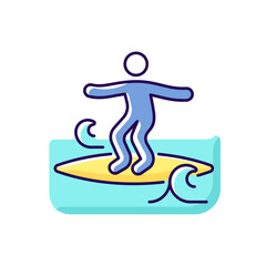 Crumbly waves surfing RGB color icon. Isolated vector illustration. Learning surfing tricks on mushy waves. Beginner friendly conditions. Novice surfer. Light onshore wind simple filled line drawing