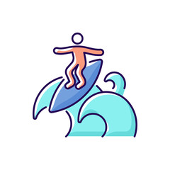Floater surfing technique RGB color icon. Isolated vector illustration. Riding over breaking wave top. Performing advanced level manoeuvre. Traveling atop wave crest simple filled line drawing