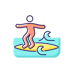 Noseriding surfing technique RGB color icon. Isolated vector illustration. Performing maneuver on head-high waves. Cross-stepping trick. Glide across waves on longboard nose simple filled line drawing