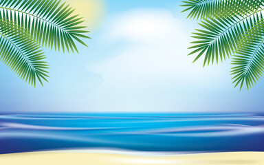 Summer Holiday Illustration with Green Plants, Blue Ocean and Sky Background. Summer Vector Design for Banner, Flyer, Invitation, Brochure
