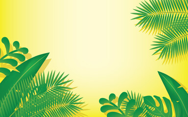 Fototapeta na wymiar Summer Holiday with Green Plants and bright yellow Background. Summer Vector Design for Banner, Flyer, Invitation, Brochure