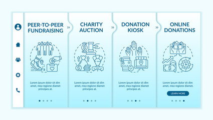 Raising money event ideas onboarding vector template. Responsive mobile website with icons. Web page walkthrough 4 step screens. Peer-to-peer fundraising color concept with linear illustrations