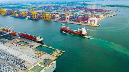 Aerial view cargo ship of business logistic transportation sea freight,Cargo ship, Cargo container...