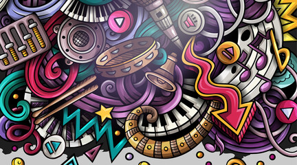 Music hand drawn doodle banner. Cartoon vector detailed flyer.