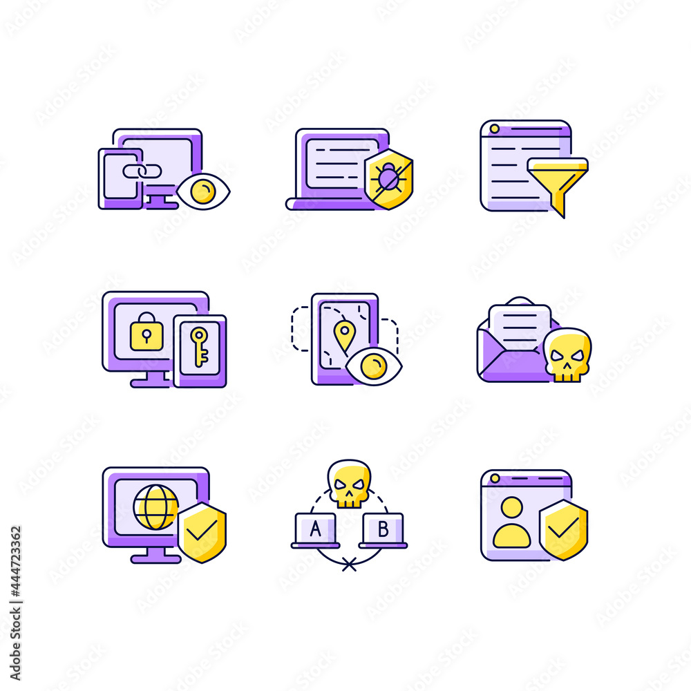 Sticker internet surveillance purple rgb color icons set. cross-device tracking. antivirus software. isolate