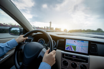 Driving car on city street