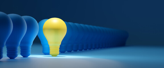 Leadership and Ideas inspiration concepts of yellow light bulb blasting off like rocket on blue...