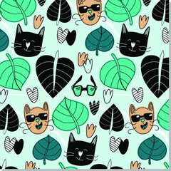 Doodle seamless pattern with funny cats and leaves. Cat with glasses. Cartoon design for print.