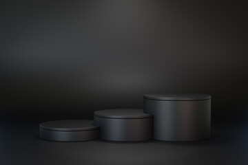 3D rendering dark background. Three step black cylinder stage podium on black background.