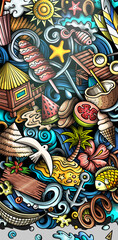 Summer beach hand drawn doodle banner. Cartoon vector detailed flyer.