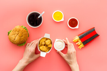 Set of fast food with hamburger and french fries. Top view