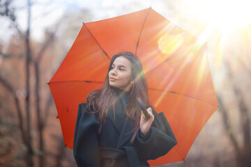 autumn look, sunny day a young girl with an umbrella walks in a yellow park in October