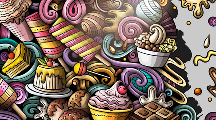 Desserts hand drawn doodle banner. Cartoon vector detailed flyer.