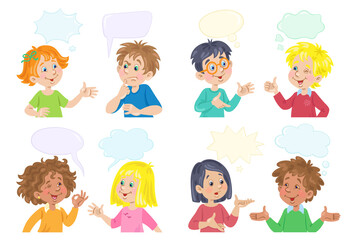 Dialogues of children with different skin and hair colors. Vector illustration with speech bubbles. Place for your text. In cartoon style. Isolated on white background.