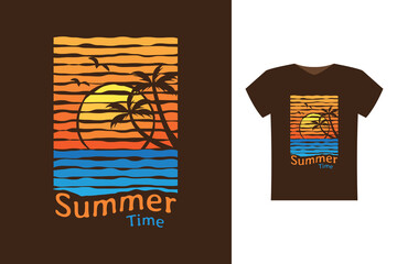 summer time art design, beautiful sunset on beach, colorful, silhouette palm tree, for print on t shirt and merchandise