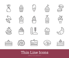 Bakery, pastry shop thin line icons set. Vector pictograms set related to desserts, pastries, sweets such as ice cream, candies, cupcake, donut, pancake. Isolated on white background. Editable strokes