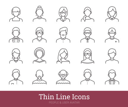 People icons set. Thin line vector pictograms related to business, office persons, teacher, students, simple portraits of men and women. User avatars collection for web, mobile apps. Editable strokes.
