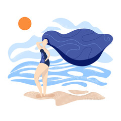 A girl in a swimsuit stands and poses on a sandy beach. Flat style. Vector stock illustration. White isolated background. Model plus size. summer vacation by the sea. Hair develops in the wind.
