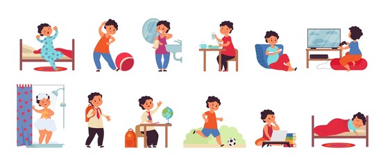 Fototapeta na wymiar Boy daily activities. Activity child, day schedule young guy. Isolated active kid morning, hygiene and study. Person routine decent vector scenes