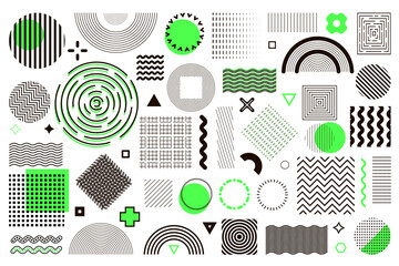 Set of 55 vector geometric shapes. Elements for web flyers banner poster or flyer for sale Collection of retro shapes, vintage decor. halftone and color spots with graphics. vector stock  illustration