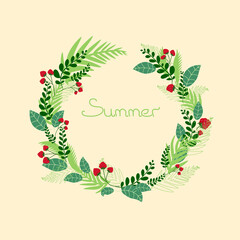 wreath of herbs and berries with the inscription summer. Vector stock illustration. Sprigs of red raspberries and leaves. Postcard, print