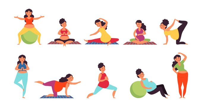 Yoga for pregnant. Pregnancy woman relaxing, pilates or gym exercise. Prenatal sport support, healthy female waiting baby decent vector set