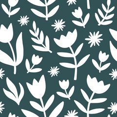 Seamless pattern with flower and leaves on hand drawn green background. Nature vector wallpaper. Decorative illustration good for printing on wrapping, textile, fabric, cloth, paper