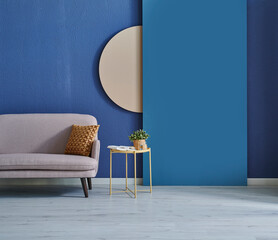 Blue wall background, stone wall and round concept with sofa and coffee table style.