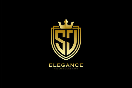 initial SJ elegant luxury monogram logo or badge template with scrolls and royal crown - perfect for luxurious branding projects