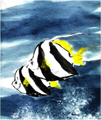 水墨画技法で描かれたハタタテダイ