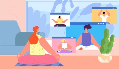 Home yoga. Online group workout, resting in meditation pose together. Modern workout streaming, fitness on video call utter vector illustration