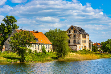 Fototapeta na wymiar Ruins of historic Elk castle of Teutonic Order - Zamek w Elku - at Zamkowa street on shore of Jezioro Elckie lake in Masuria region of Poland