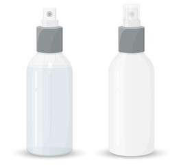 Mockup two plastic sprayer bottle transparent and white for liquid gel, soap, lotion, cream, shampoo, bath foam and other cosmetics, isolated on a white background, flat design