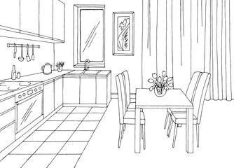 Kitchen room graphic black white home interior sketch illustration vector 