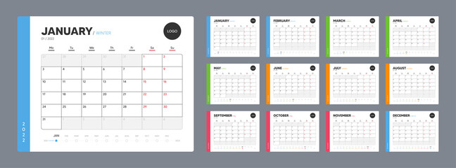 Calendar template for 2022 year. Annual diary planner schedule in minimal design. Corporate calendar, business planner. 2022 calendar for events. Holiday diary template. Week starts on Monday. Vector